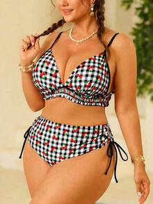 Swim Mod Plus Size Women's Swimwear, Sweet & Cute Beach Holiday Random Red Cherry Print Tie-Front Ruffle 2-Piece Set - Multicolor - View 5