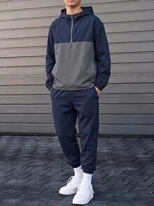 Teen Boy Half-Zip Hooded Jacket And Cuffed Long Pants 2 Pieces Set, Casual Sports Style, Suitable For Autumn/Winter, Christmas, Thanksgiving, Winter, Winter Clothes, Long Sleeve Top - Royal Blue - View 2