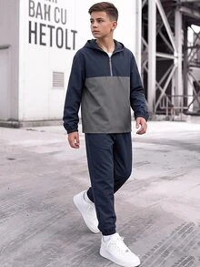 Teen Boy Half-Zip Hooded Jacket And Cuffed Long Pants 2 Pieces Set, Casual Sports Style, Suitable For Autumn/Winter, Christmas, Thanksgiving, Winter, Winter Clothes, Long Sleeve Top - Royal Blue - View 4