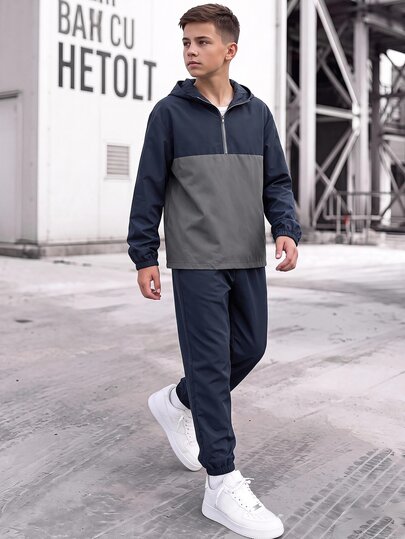 Teen Boy Half-Zip Hooded Jacket And Cuffed Long Pants 2 Pieces Set, Casual Sports Style, Suitable For Autumn/Winter, Christmas, Thanksgiving, Winter, Winter Clothes, Long Sleeve Top