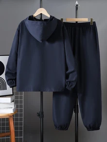 Teen Boy Half-Zip Hooded Jacket And Cuffed Long Pants 2 Pieces Set, Casual Sports Style, Suitable For Autumn/Winter, Christmas, Thanksgiving, Winter, Winter Clothes, Long Sleeve Top - Royal Blue - View 3