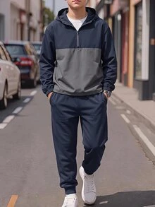 Teen Boy Half-Zip Hooded Jacket And Cuffed Long Pants 2 Pieces Set, Casual Sports Style, Suitable For Autumn/Winter, Christmas, Thanksgiving, Winter, Winter Clothes, Long Sleeve Top - Royal Blue - View 5