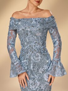Serin Elegant Classy Embroidered Lace Beaded Rhinestone Sheer Sleeve Mermaid Dress Wedding Formal Guest Dinner Evening Dusty Blue Fall - Blue - View 1
