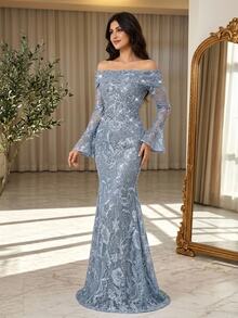Serin Elegant Classy Embroidered Lace Beaded Rhinestone Sheer Sleeve Mermaid Dress Wedding Formal Guest Dinner Evening Dusty Blue Fall - Blue - View 6