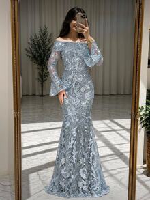 Serin Elegant Classy Embroidered Lace Beaded Rhinestone Sheer Sleeve Mermaid Dress Wedding Formal Guest Dinner Evening Dusty Blue Fall - Blue - View 3