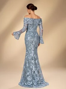Serin Elegant Classy Embroidered Lace Beaded Rhinestone Sheer Sleeve Mermaid Dress Wedding Formal Guest Dinner Evening Dusty Blue Fall - Blue - View 5