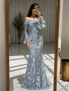 Serin Elegant Classy Embroidered Lace Beaded Rhinestone Sheer Sleeve Mermaid Dress Wedding Formal Guest Dinner Evening Dusty Blue Fall - Blue - View 7
