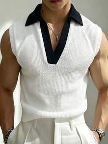 Manfinity Dauomo Men's Colorblock Collar Casual Vest - Black and White - View 2
