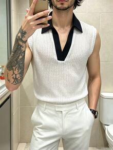 Manfinity Dauomo Men's Colorblock Collar Casual Vest - Black and White - View 6