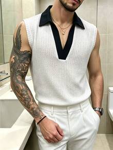 Manfinity Dauomo Men's Colorblock Collar Casual Vest - Black and White - View 4