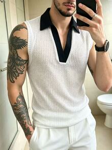 Manfinity Dauomo Men's Colorblock Collar Casual Vest - Black and White - View 5