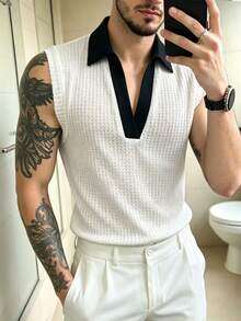 Manfinity Dauomo Men's Colorblock Collar Casual Vest - Black and White - View 7