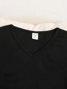 SHEIN Dozemod 童女青少年極簡休閒 V 領羅紋針織長袖 T 恤與格紋睡褲，舒適睡衣套裝，2 件組，適合春秋季節 - 粉色 - 查看 3