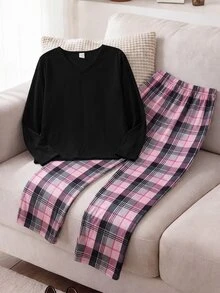 SHEIN Dozemod 童女青少年極簡休閒 V 領羅紋針織長袖 T 恤與格紋睡褲，舒適睡衣套裝，2 件組，適合春秋季節 - 粉色 - 查看 10