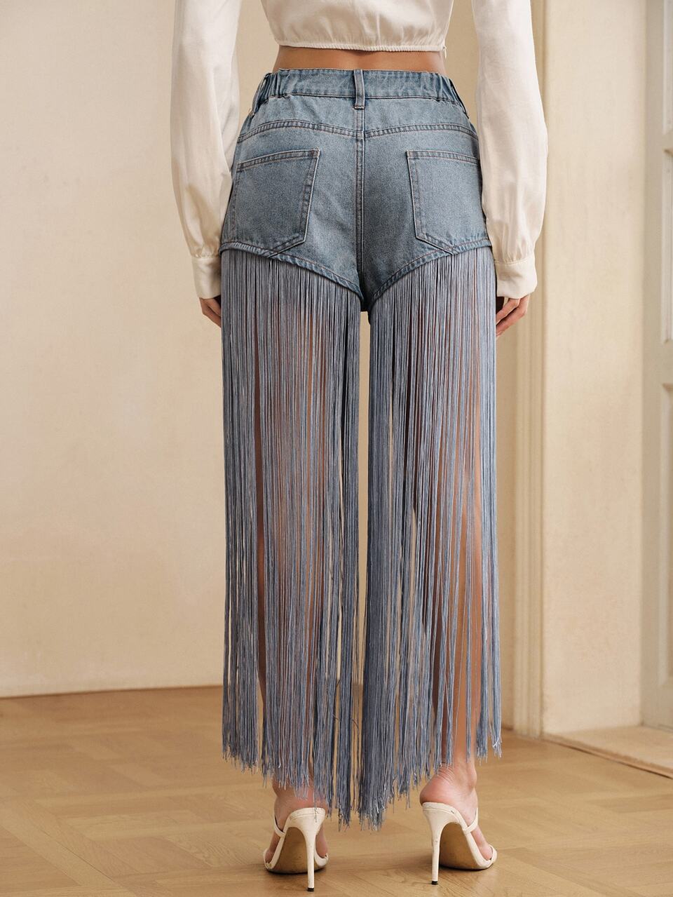 Spring/Autumn Outfits Modern Fashion High Waist Long Hem Tassel Patchwork Blue Tall Size Women's Jeans Shorts, Suitable For Party, Date, Vacation
