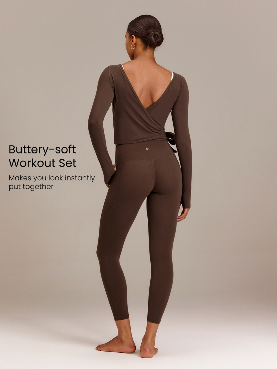 FeatherFit™ Twist & Glow Wrap Top & High-Waisted Leggings Set With Tie Waist, Thumbholes, Peakbum Lifting & Side Pockets Yoga Studio Daily Wear