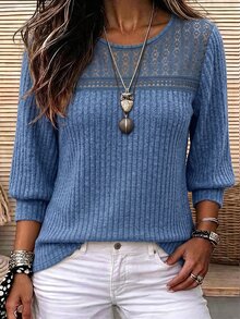 Linhara CURVE Women's Round Neck Long Sleeve Lace Patchwork T-Shirt, Casual Pastoral Top For Outings Fall - Blue - View 1
