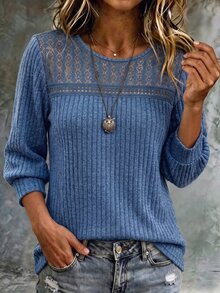 Linhara CURVE Women's Round Neck Long Sleeve Lace Patchwork T-Shirt, Casual Pastoral Top For Outings Fall - Blue - View 3