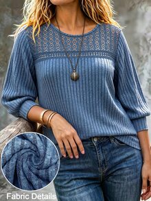 Linhara CURVE Women's Round Neck Long Sleeve Lace Patchwork T-Shirt, Casual Pastoral Top For Outings Fall - Blue - View 5