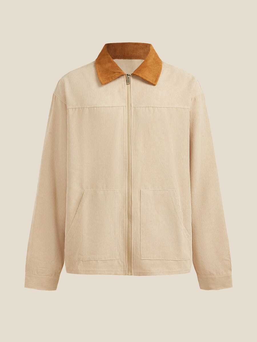 Norleigh Men's Colorblock Turndown Collar Long Sleeve Zip-Up Casual Shacket - Apricot - View 1