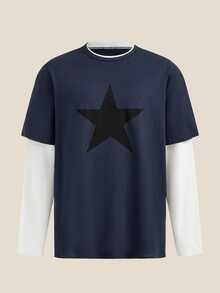 Norleigh Men's Street Fashion Knitted Crew Neck Letter Print Long Sleeve T-Shirt - Blue - View 1