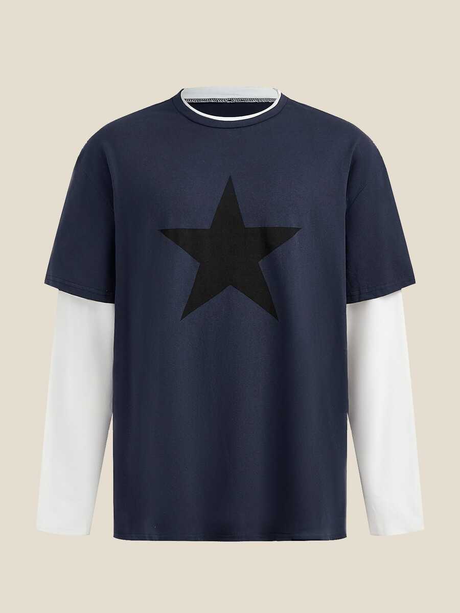 Norleigh Men's Street Fashion Knitted Crew Neck Letter Print Long Sleeve T-Shirt - Blue - View 1