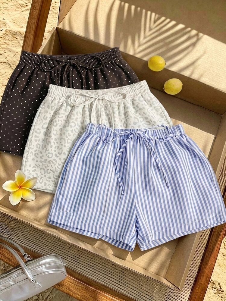 Veykashi 3pcs/Set Plus Size Striped, Plaid, Leopard Print Shorts, Suitable For Beach Date Night Vacation In Spring/Summer Beige White Smart Casual - Multicolor - View 1