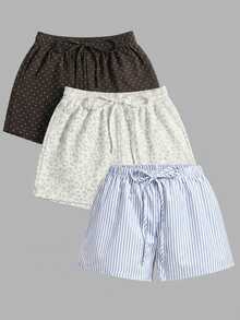 Veykashi 3pcs/Set Plus Size Striped, Plaid, Leopard Print Shorts, Suitable For Beach Date Night Vacation In Spring/Summer Beige White Smart Casual - Multicolor - View 3