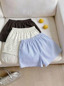 Veykashi 3pcs/Set Plus Size Striped, Plaid, Leopard Print Shorts, Suitable For Beach Date Night Vacation In Spring/Summer Beige White Smart Casual - Multicolor - View 2