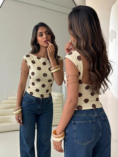 Aloruh Women's Casual Retro Brown Polka Dot Print Short Sleeve T-Shirt, Sexy Backless Top, Summer T-Shirt, Y2K Top Going Out