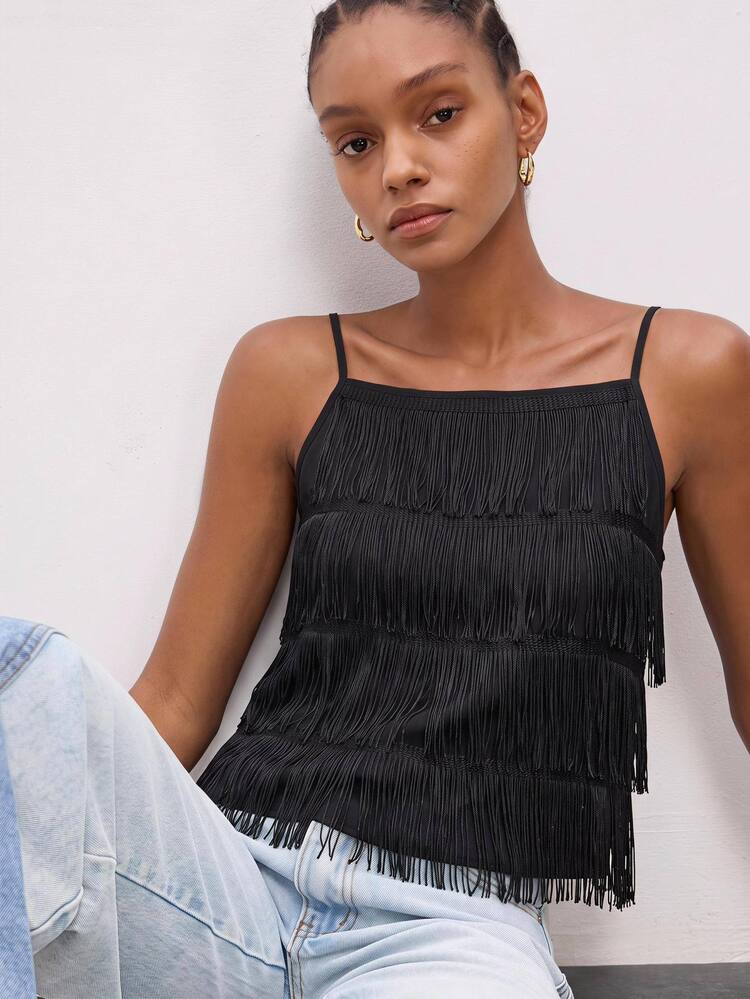 Maija Black Tassel Women's Tank Top Urban Summer Y2k Sexy Halloween Festival Party Night Out Club Going Out Graduation Beach - Black - View 3