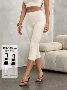 SHEIN Tall 女款純色彈性腰休閒百搭七分長緊身褲 - 杏色 - 查看 4