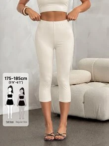 SHEIN Tall 女款純色彈性腰休閒百搭七分長緊身褲 - 杏色 - 查看 5