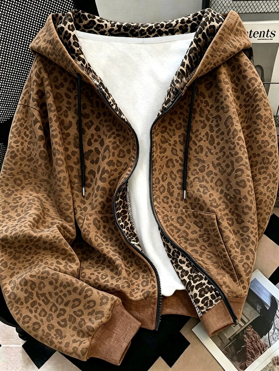 Resyla 秋季女款雙層連帽衛衣,經典棕色豹紋衛衣外套,休閒百搭寬鬆版型外衣,舒適風格,適合日常穿著、購物、戶外、旅行、通勤 - 彩色 - 查看 1