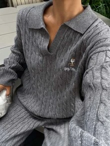 DAZY Women's Letter Print Long Sleeve Top And Pants Casual Daily Knit Two Pieces Set Fall - Grey - View 6