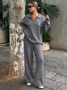 DAZY Women's Letter Print Long Sleeve Top And Pants Casual Daily Knit Two Pieces Set Fall - Grey - View 3