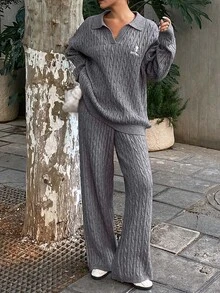 DAZY Women's Letter Print Long Sleeve Top And Pants Casual Daily Knit Two Pieces Set Fall - Grey - View 7