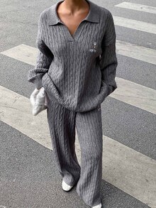 DAZY Women's Letter Print Long Sleeve Top And Pants Casual Daily Knit Two Pieces Set Fall - Grey - View 1