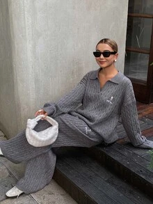 DAZY Women's Letter Print Long Sleeve Top And Pants Casual Daily Knit Two Pieces Set Fall - Grey - View 4