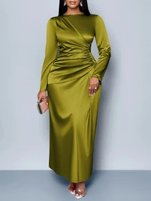 SOLERSUN Women's Elegant Solid Color Ruched Side Satin Bodycon Dress,Suitable For Dating Party Maxi Women Outfit Fall - Olive Green - View 4