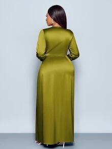 SOLERSUN Women's Elegant Solid Color Ruched Side Satin Bodycon Dress,Suitable For Dating Party Maxi Women Outfit Fall - Olive Green - View 2