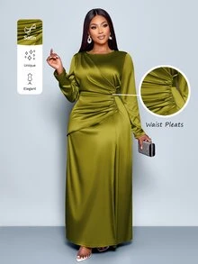 SOLERSUN Women's Elegant Solid Color Ruched Side Satin Bodycon Dress,Suitable For Dating Party Maxi Women Outfit Fall - Olive Green - View 1