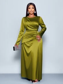 SOLERSUN Women's Elegant Solid Color Ruched Side Satin Bodycon Dress,Suitable For Dating Party Maxi Women Outfit Fall - Olive Green - View 5