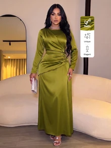 SOLERSUN Women's Elegant Solid Color Ruched Side Satin Bodycon Dress,Suitable For Dating Party Maxi Women Outfit Fall - Olive Green - View 3