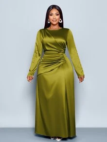 SOLERSUN Women's Elegant Solid Color Ruched Side Satin Bodycon Dress,Suitable For Dating Party Maxi Women Outfit Fall - Olive Green - View 6
