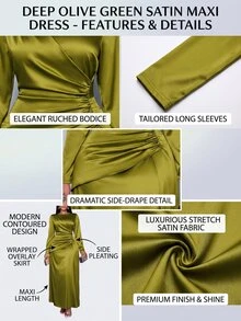 SOLERSUN Women's Elegant Solid Color Ruched Side Satin Bodycon Dress,Suitable For Dating Party Maxi Women Outfit Fall - Olive Green - View 8