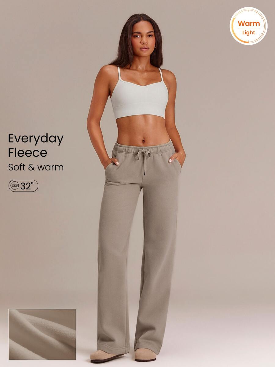 GLOWMODE Everyday Fleece Cloud Nine Tall Wide Leg Sweatpants With Adjustable Drawstring Waist & Side Pockets Daily Casual Wear - Khaki - View 1