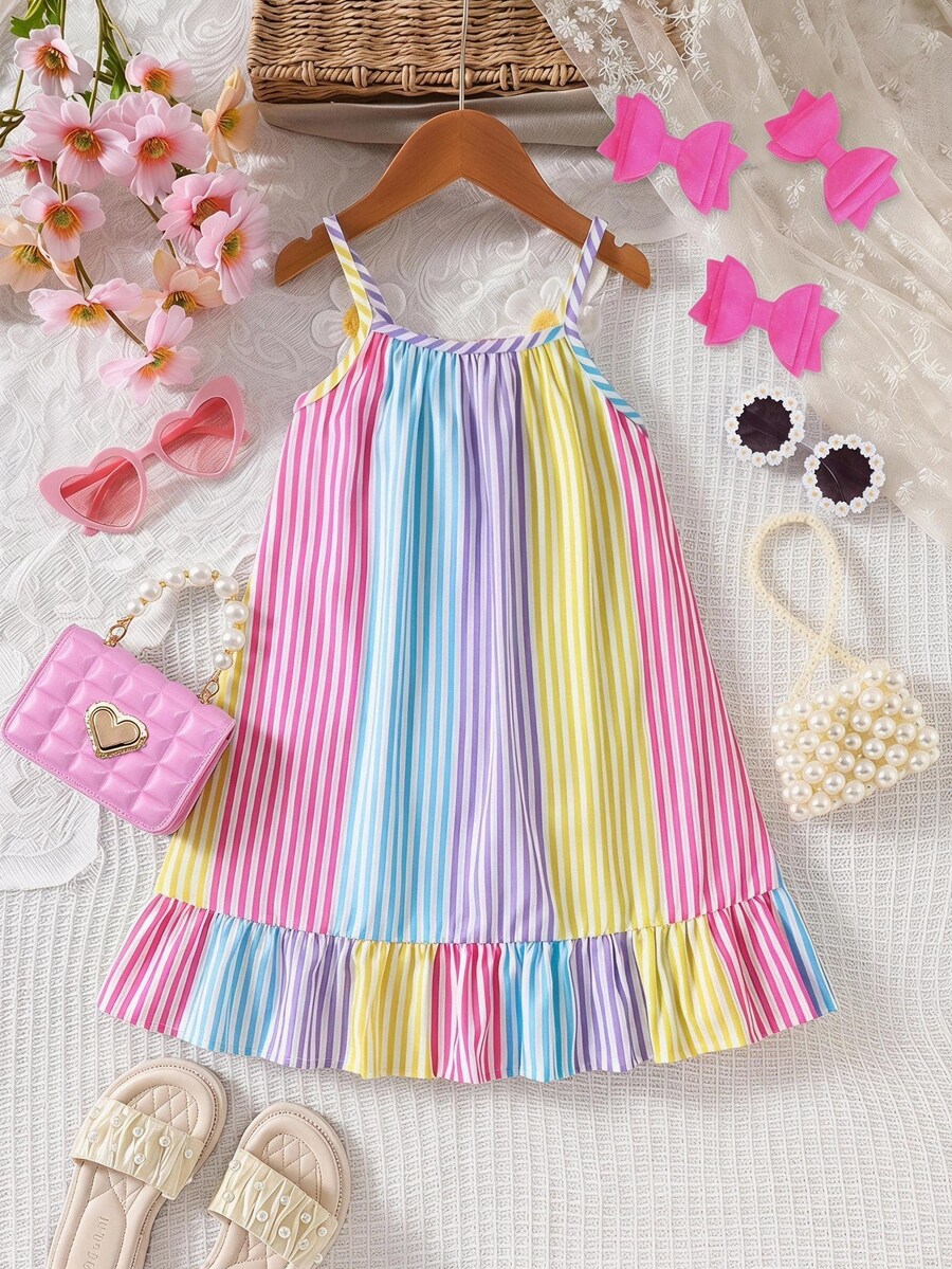 SHEIN Elladie kids 女童白色條紋編織數位印花下擺荷葉邊細肩帶陽光裙,夏季仙女風,生日度假、假日派對、度假日常穿搭 - 彩色 - 查看 1