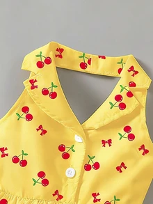 SHEIN Elladie kids 女童夏季新款時尚 Polo 領掛脖露背收腰甜美度假風洋裝，小女孩正式度假洋裝 黃色 - 黃色 - 查看 3