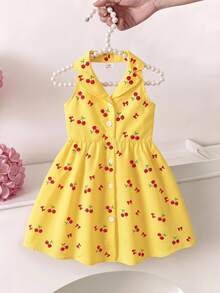SHEIN Elladie kids 女童夏季新款時尚 Polo 領掛脖露背收腰甜美度假風洋裝，小女孩正式度假洋裝 黃色 - 黃色 - 查看 1